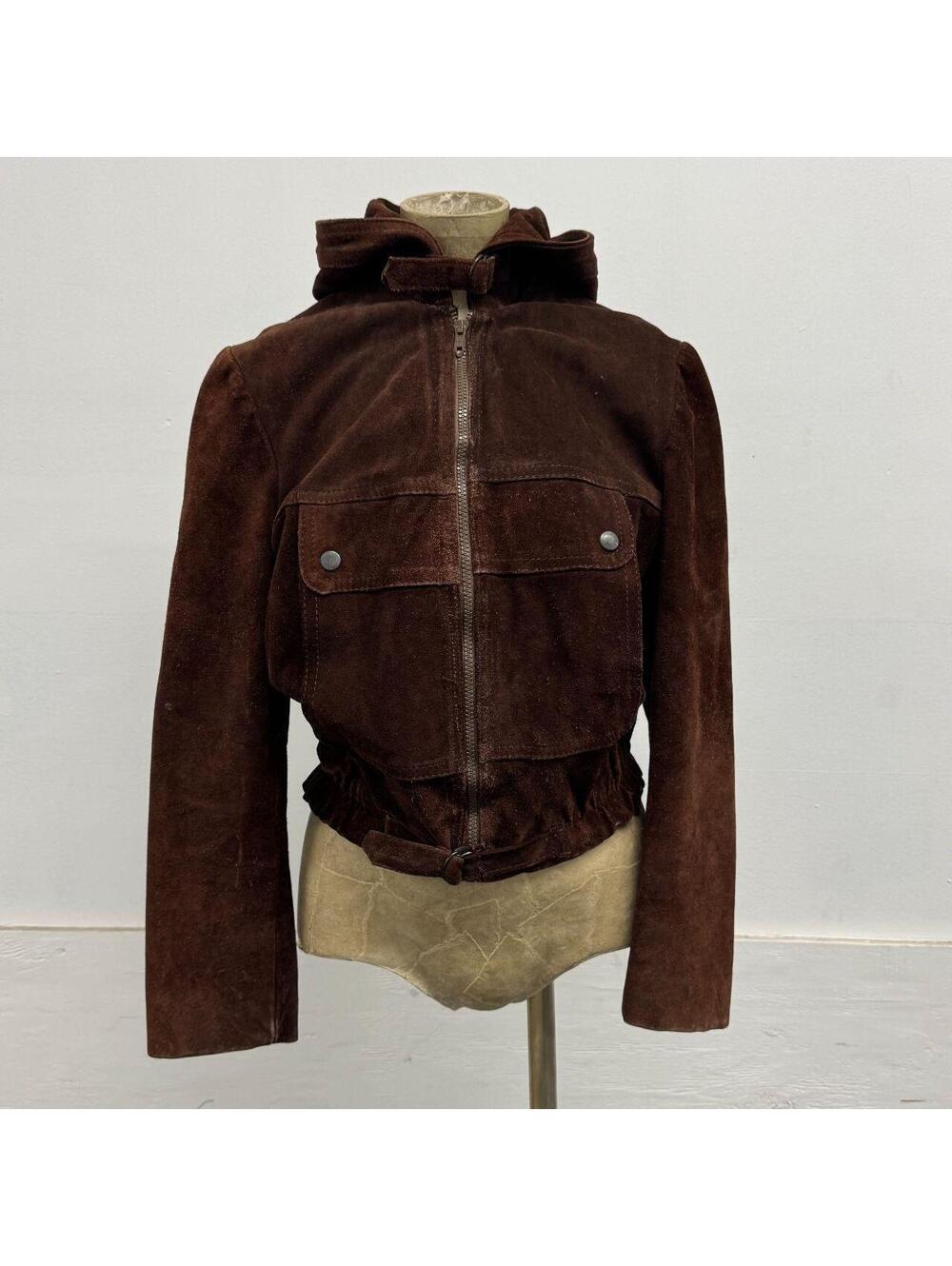 Vintage 1970s Brown Genuine Suede Leather Cropped Hoodie Jacket